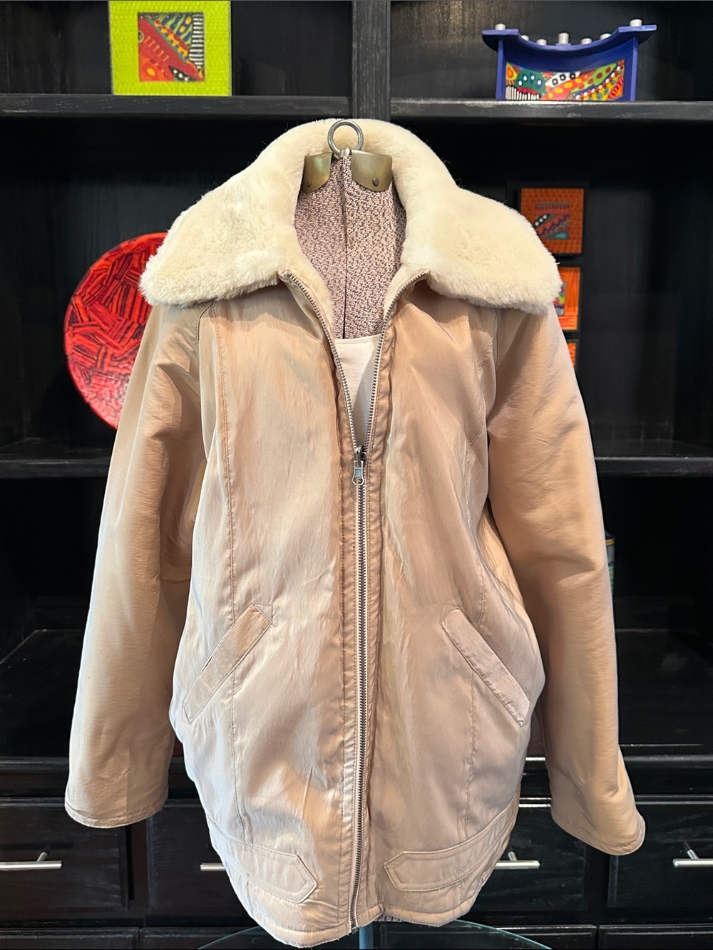 Reversible Women's Cream Jacket with Plush Shearling Collar - Classic Zip Front